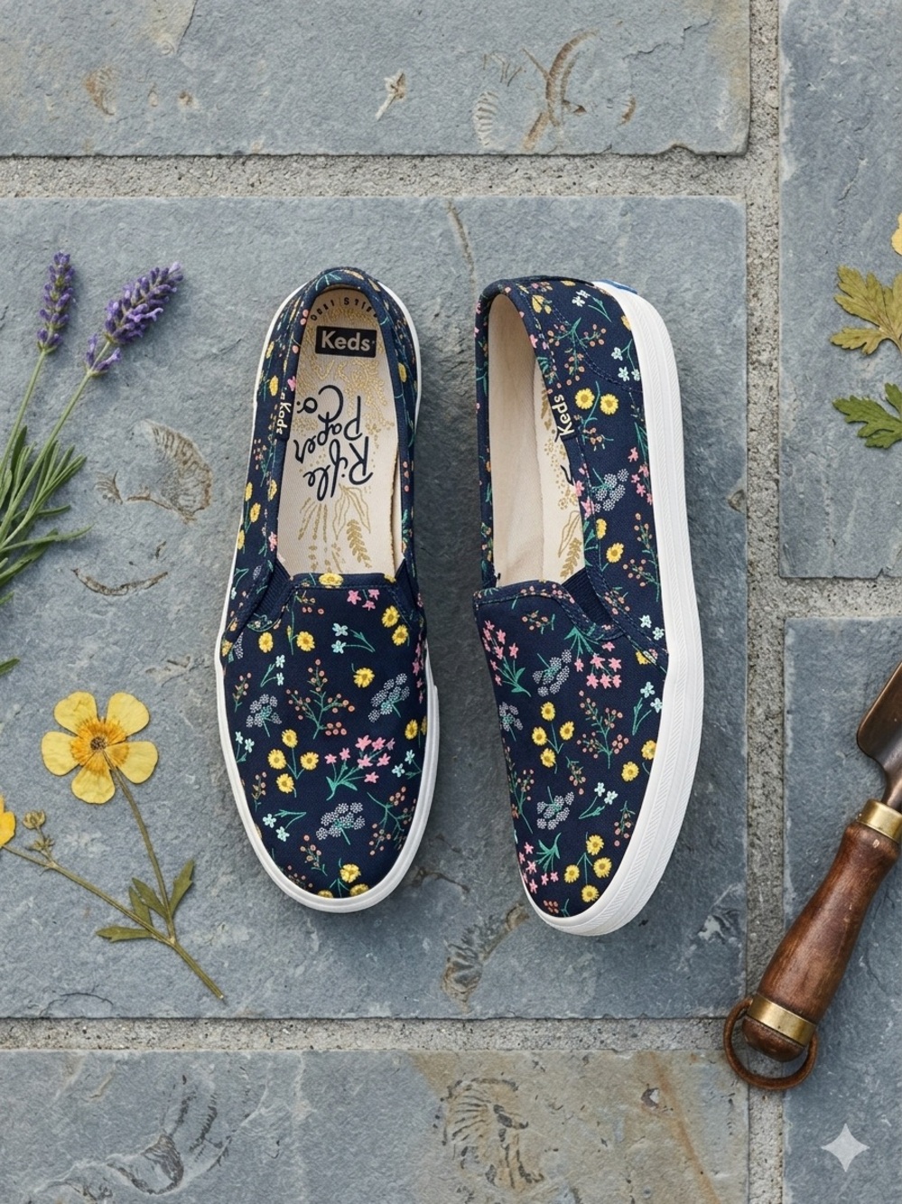 Keds Navy Floral Slip-On Sneakers with Yellow & Pink Accents
